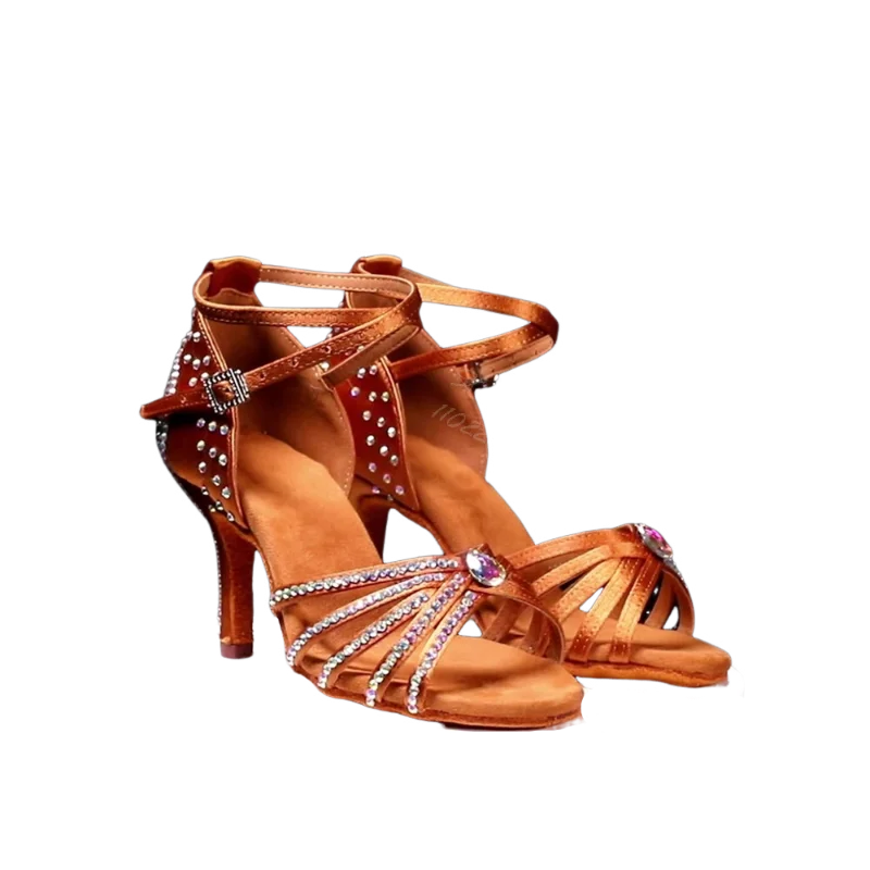 Sandálias stilettos de cristal colorido, bico redondo, fivela, tiras cruzadas, sapatos de dança latina, mulheres, capa traseira, strass, novo 2025