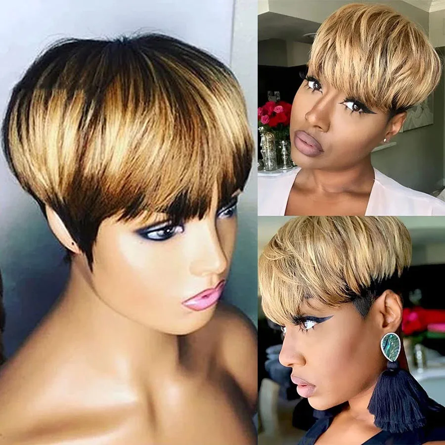 Glueless Highlight Short Pixie Cut Human Hair Wigs Straight Brazilian 99J Burgundy Colored for Black Women Full Machine Made Wig