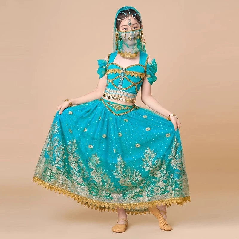 

Индийский комплект принцессы для танца живота для девочек, детское платье для восточного индийского танца, сари, костюм для выступлений для девочек, сценический наряд Болливуда
