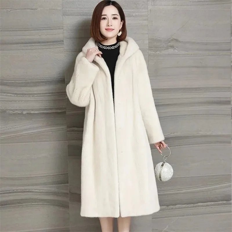 2024 New Fashion Female Mink Faux fur Coat Black Loose Thicken Mother\'s Hooded Jacket Women\'s Winter Warm Long Parkas Overcoat