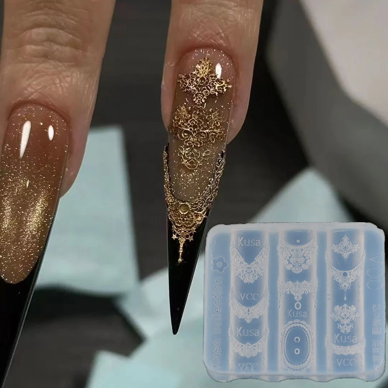 Molde de unhas de renda transparente para mulheres, estêncil de unhas de renda com design em relevo de silicone, molde de manicure profissional, artesanato diy, uso diário