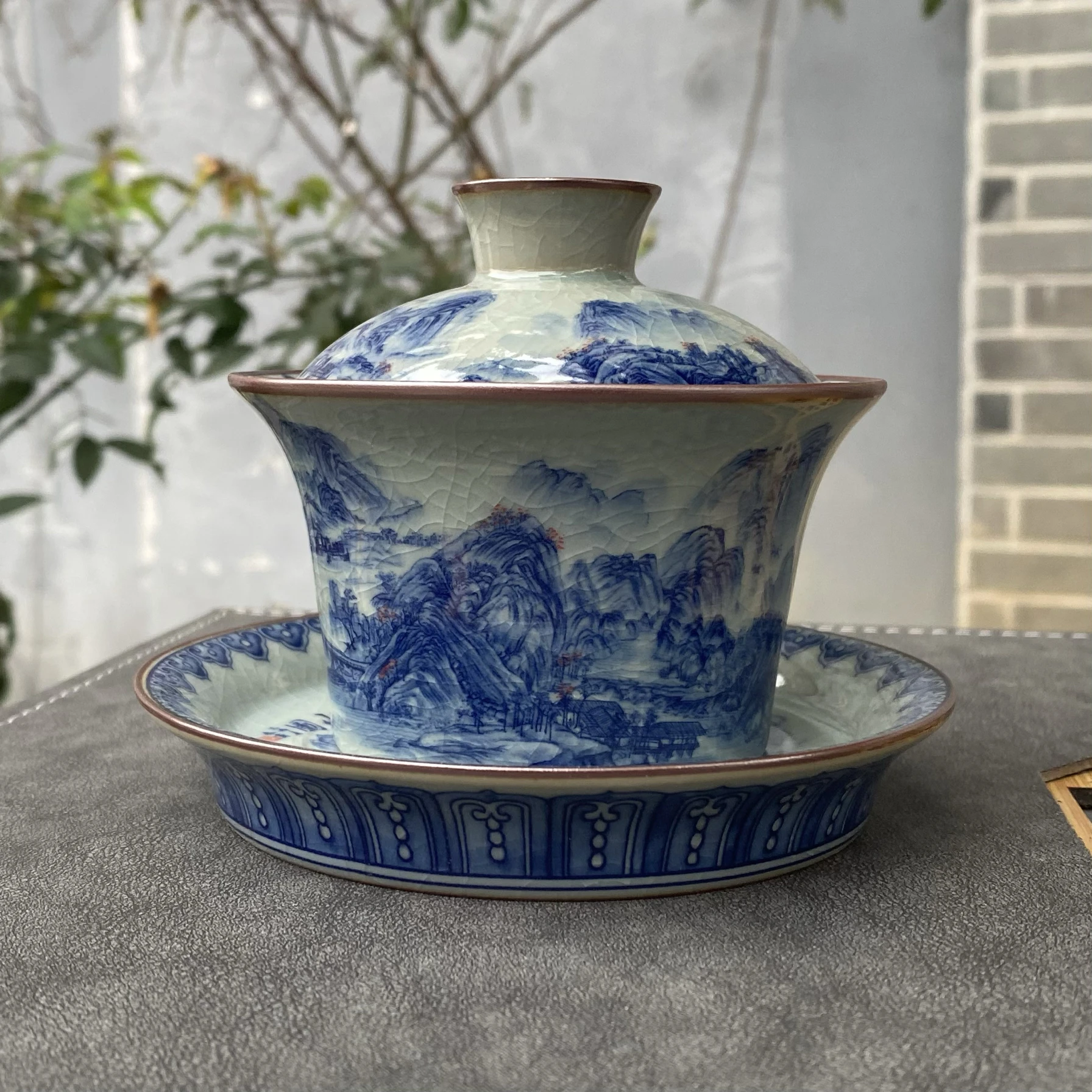Handmade Jingdezhen Old Clay Blue Whitelandscape Hover Gaiwan Gracked Glaze Cicada Wing Pattern Tea Bowl