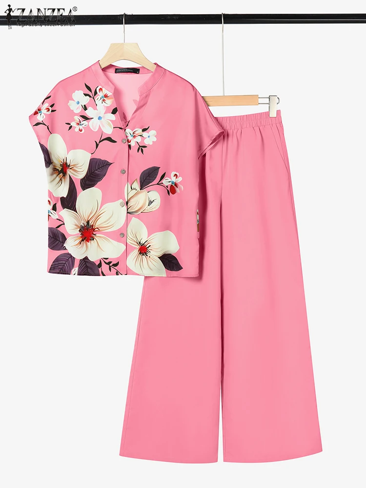 ZANZEA 2025 Baju Olahraga Cetak Musim Panas Set Cocok Wanita Blus Lengan Pendek Elegan Set Celana Kaki Lebar 2 Potong Pakaian Kasual