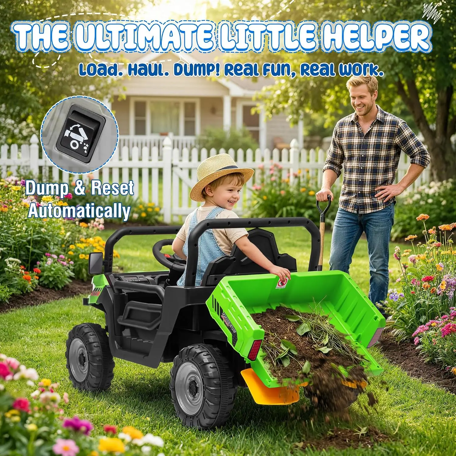 Kids Ride On 24V Electric Dump Truck 400W Motors Remote Control 3 Speeds Soft Start Brake Bluetooth LED Lights Toddlers Shovel