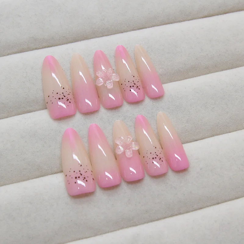 24pcs Long Pointed Blush False Nails Patches Full  Cover Glossy Fake Nail Tips 3D Peach Flower Press On Nails Wearable Manicure