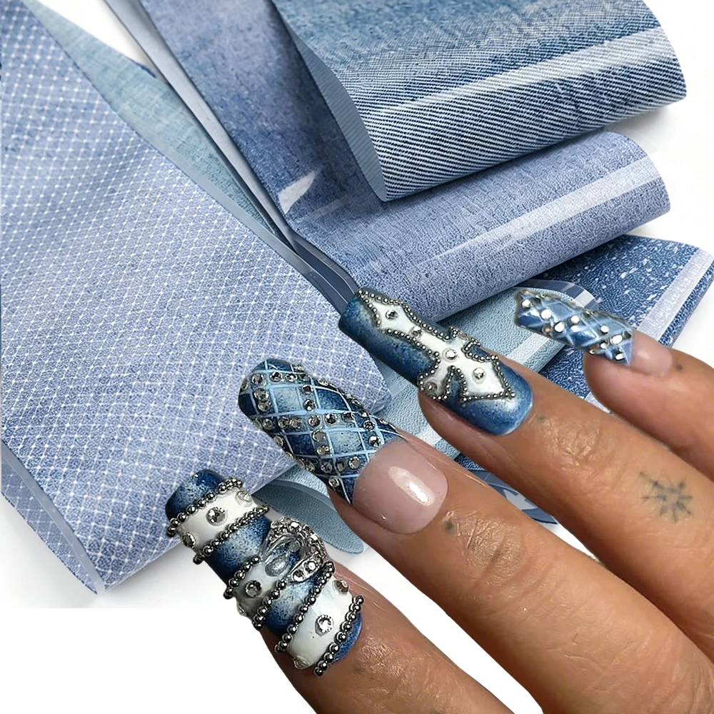 10 Stück Blaue Denim-Textur Nagelfolie Retro Verwitterte Herzen Jeans Nageltransfer Sternenhimmel-Papier Punk Cowboy Nagelaufkleber – Detail 2