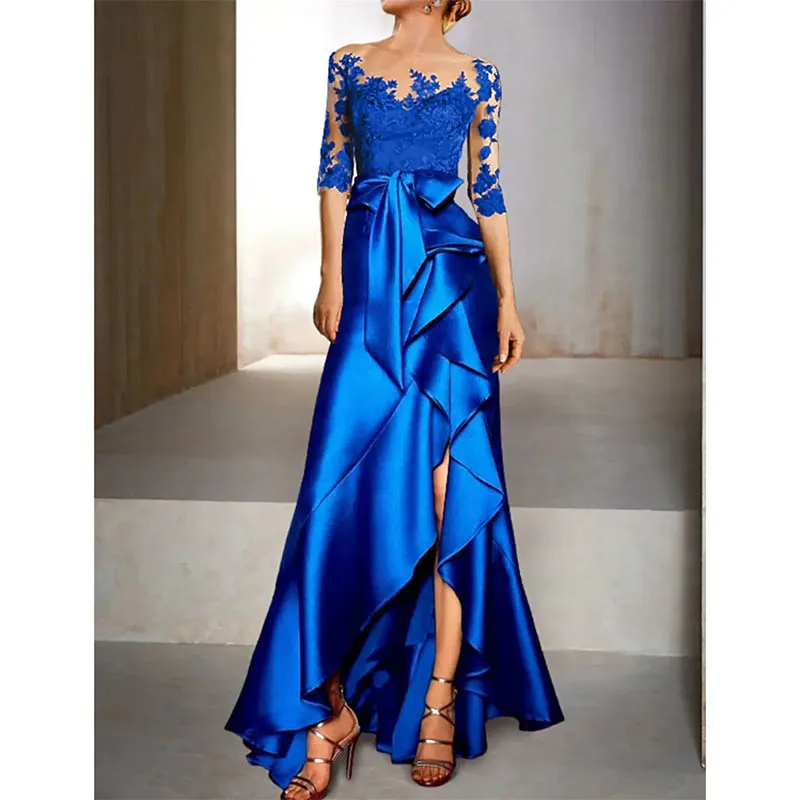 Elegant Modern Blue Satin Mother Of The Bride Dresses Mermaid Ruffles Asymmetrical Lace Groom Mother Dresses