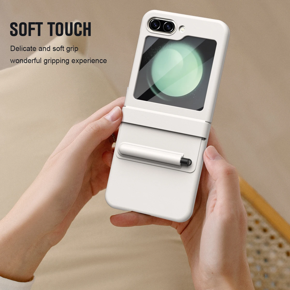 Retractable Stylus luxury Leather Texture Hinge Protection & HD Tempered Glass Screen Protector for Samsung Z Flip 7 FE 6 5 4 3