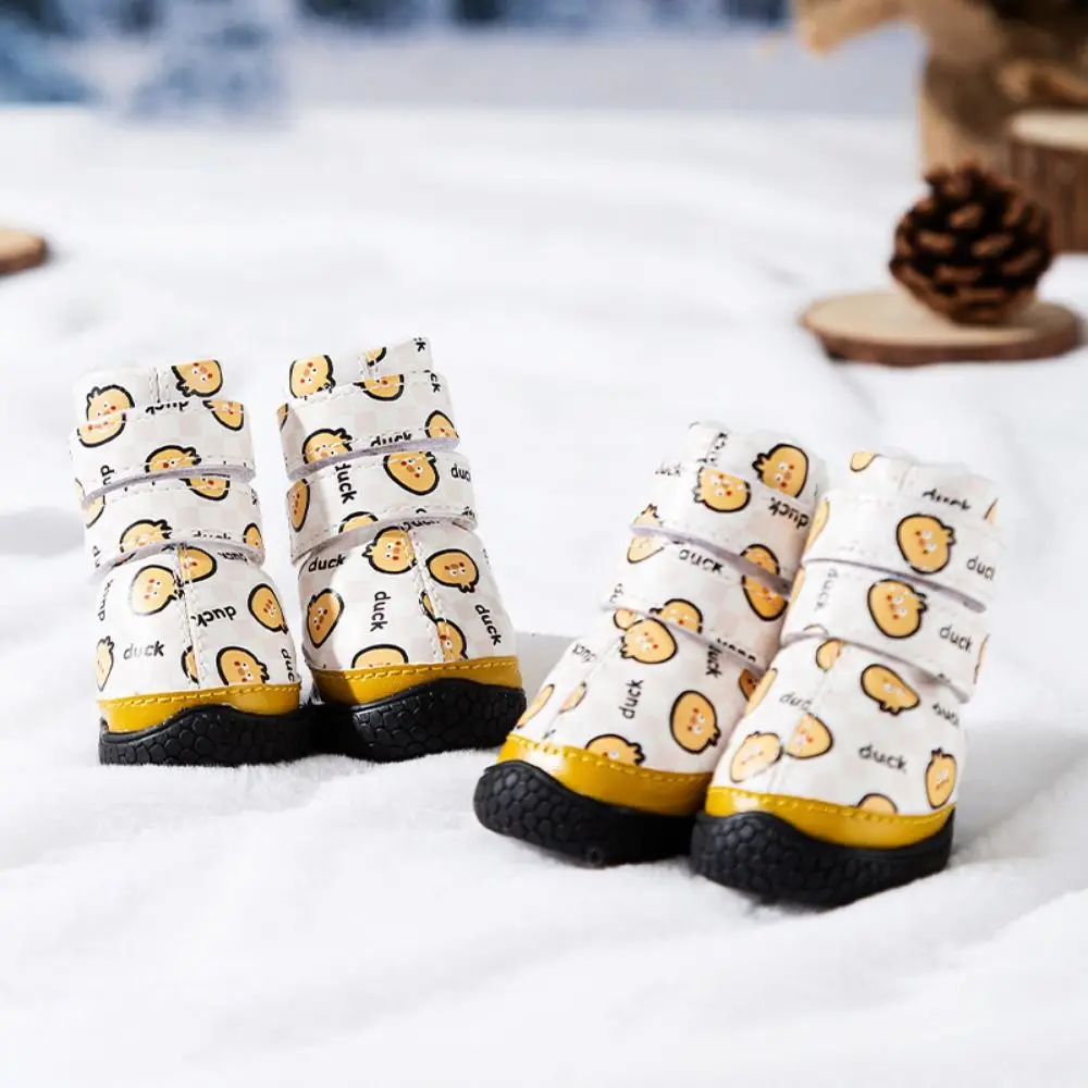 4pcs/set Cute Cartoon Warm Dog Shoes Waterproof Plush Dog Rain Snow Boots Soft Adjustable Anti-slip Puppy Footwear Autumn