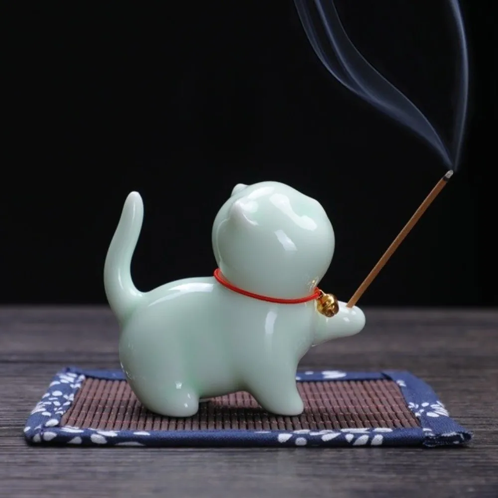 Ceramic Cat Incense Burner Holder Handmade Craft Cute Rabbit Shaped Tea Pet Decorative Animal Shaped Desktop Ornament