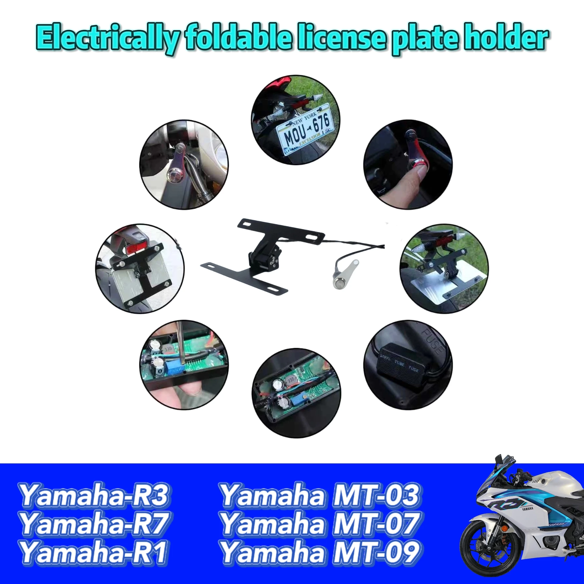 

Aluminum Alloy Electric Folding Motorcycle License Plate Frame Number Holder with One Touch for Yamaha R1 R3 R7 MT-03 MT-09