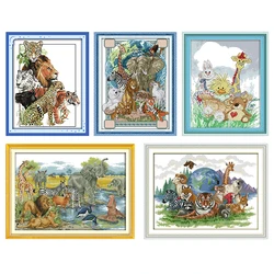 Joy Sunday Beasts Picture Stamped Printed Cross Stitch Kits 11/14/16CT Folk Craft Handmade Embroidery Needle Sets For Home Decor