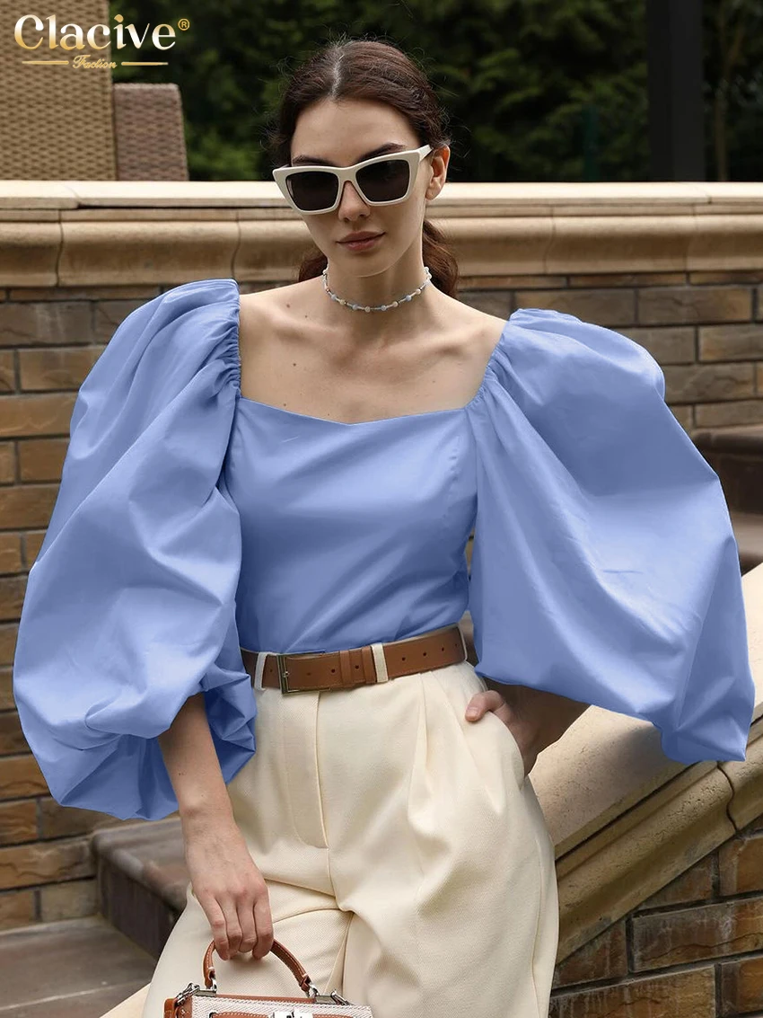 

Clacive Fashion Loose Blue Women's Shirt 2025 Elegant Square Collar Puff Sleeve Shirts Casual Classic Solid Top Female Clothing