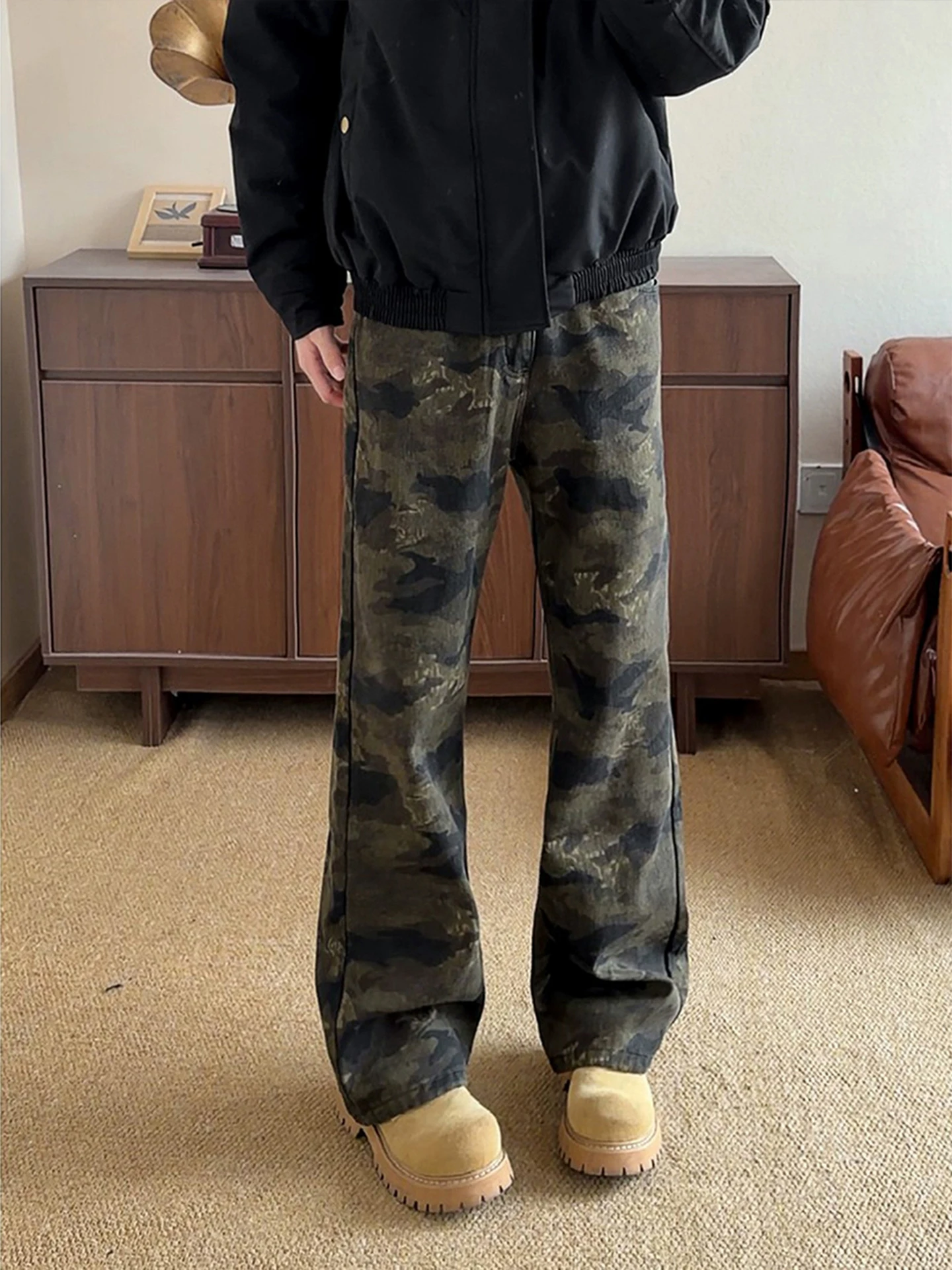 

Cleanfit Camouflage Thiened Fce Men's Jeans Autumn Winter Straight Leg Bell Bot American High Street Vibe Jeans