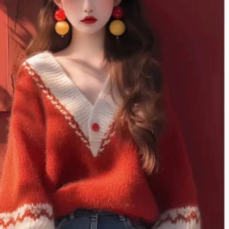 Vintage Knit Women\'s Sweaters Loose Korean Pullovers Autumn/Winter Clothing Sales Long Sleeve Patchwork V-Neck Jumpers