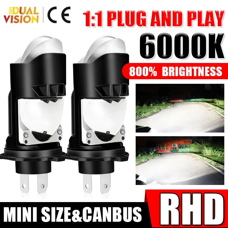 

H4 Bi LED Projector Lens RHD LHD Car Headlight Canbus 6000K STG Hi/Lo Beam Turbo Fan 1:1 Mini Car Light Motorcycle 12V Plug&Play