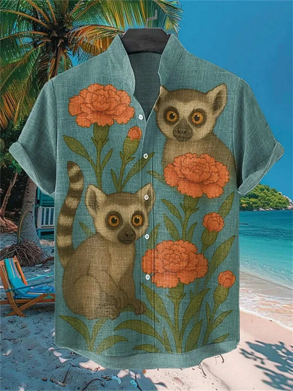 

Men's Fashionable Short Sleeve Linen Shirt Raccoon Print Stand up Collar Button plus Size Fast Shipping