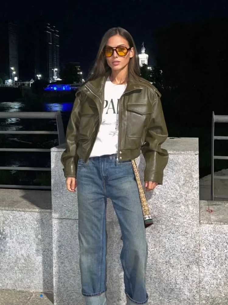 Giacca da donna allentata in pelle Pu da strada Moda tinta unita manica lunga colletto alla coreana cappotti monopetto cappotto da donna autunnale 2025