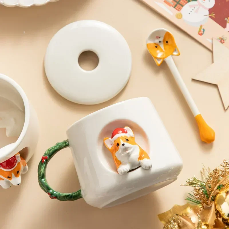 Ceramic Creative High Appearance Level Family Lovely Christmas Corgi Mug with Cover Scoop Couple Men and Women Coffee Cup Gift