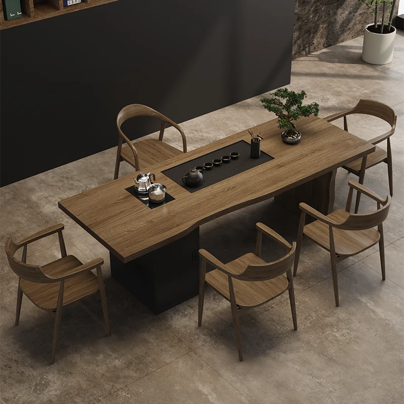 

New Chinese-style solid wood large board tea table kettle embedded home living room office post-modern simple tea table