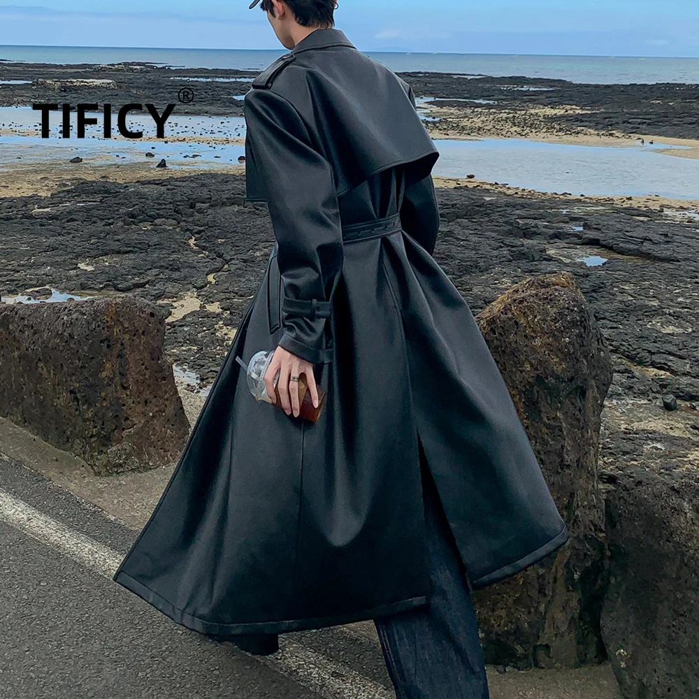 High-Street Trenchcoats für Herren Schwarzer Gothic-Stil Koreanischer Stil Doppelreihiger Mittellanger Ledermantel
