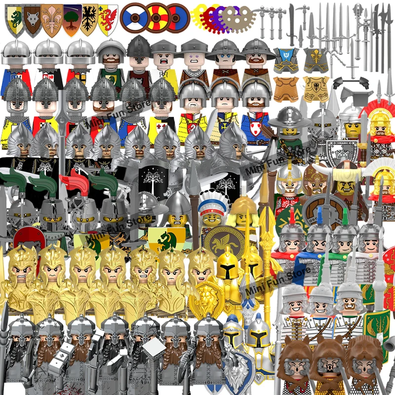 Medieval Castle Knights Soldier Building Blocks Military Warrior Infantry Roman Guard Armor Shield Sword Helmet Bricks Toy Gifts