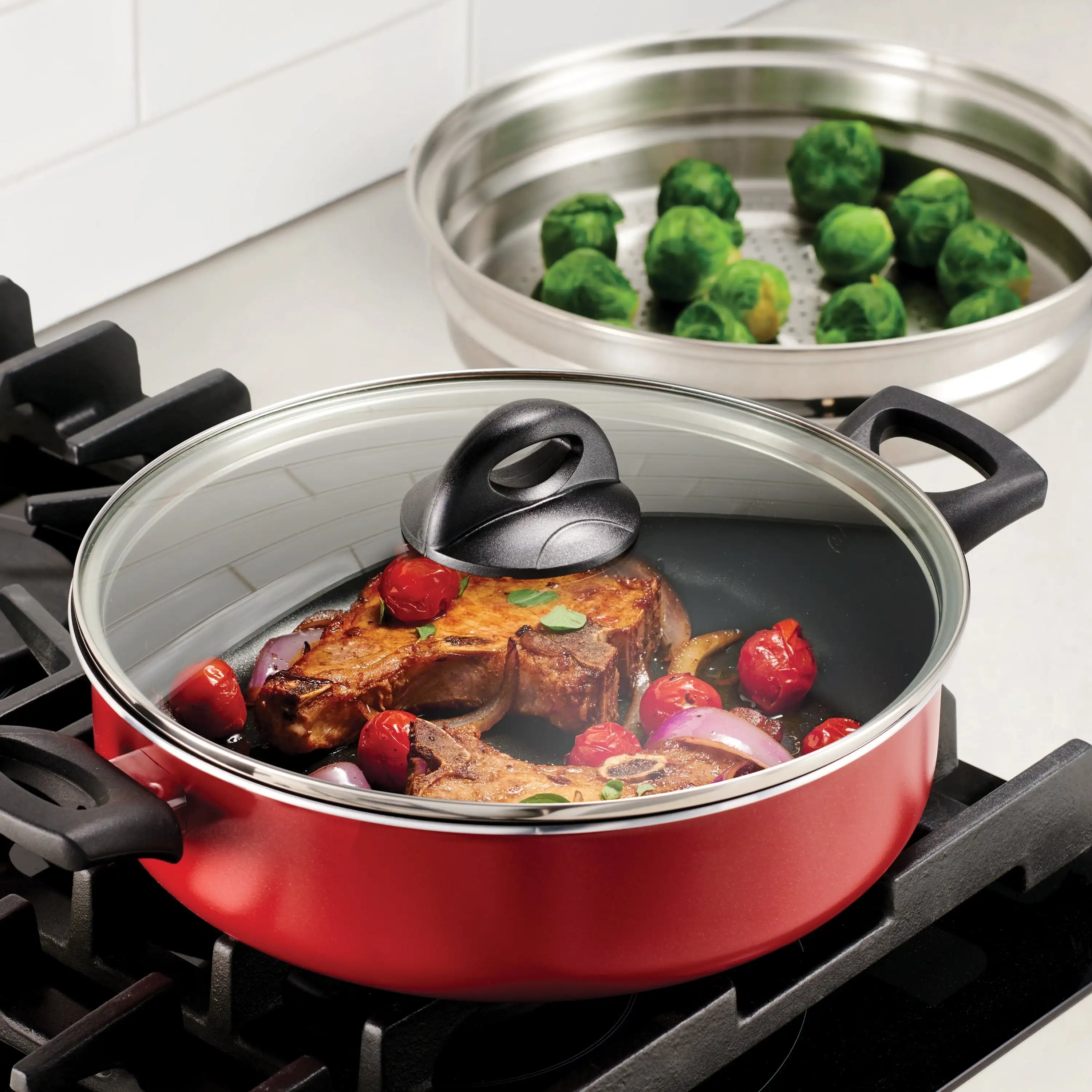 

4-Quart Nonstick Everyday Pan with Steamer and Lid, Metallic Red, Dishwasher Safe
