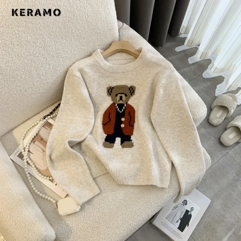 Sweet Casual Knitting Long Sleeve Y2K Pullovers 2024 Winter Korean Fashion Women Cartoon Appliques Jumpers O-Neck Ladies Sweater