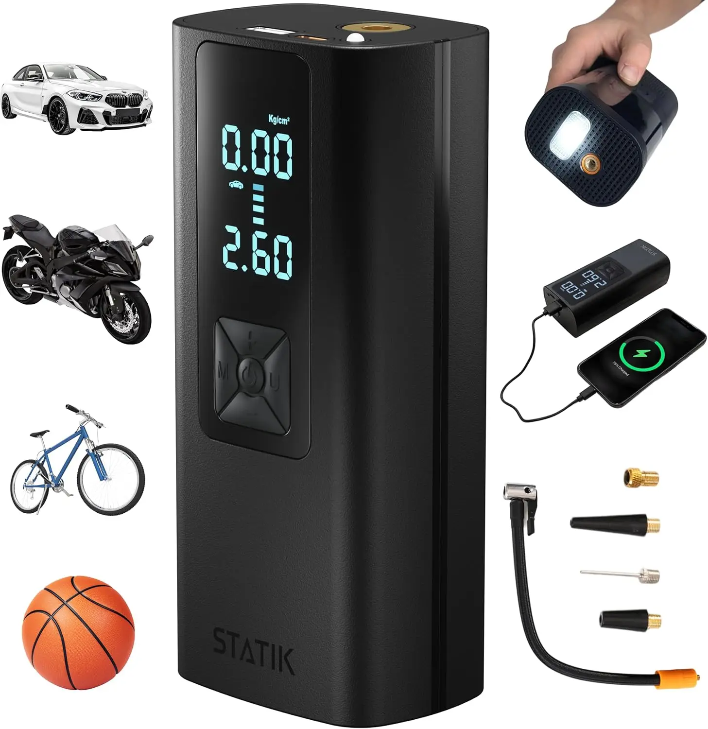 

Portable Air Compressor 150 PSI, Electric Pump for Car Tires, Balls, Bike, Inflatables - Emergency Safety Kit with Flashlight