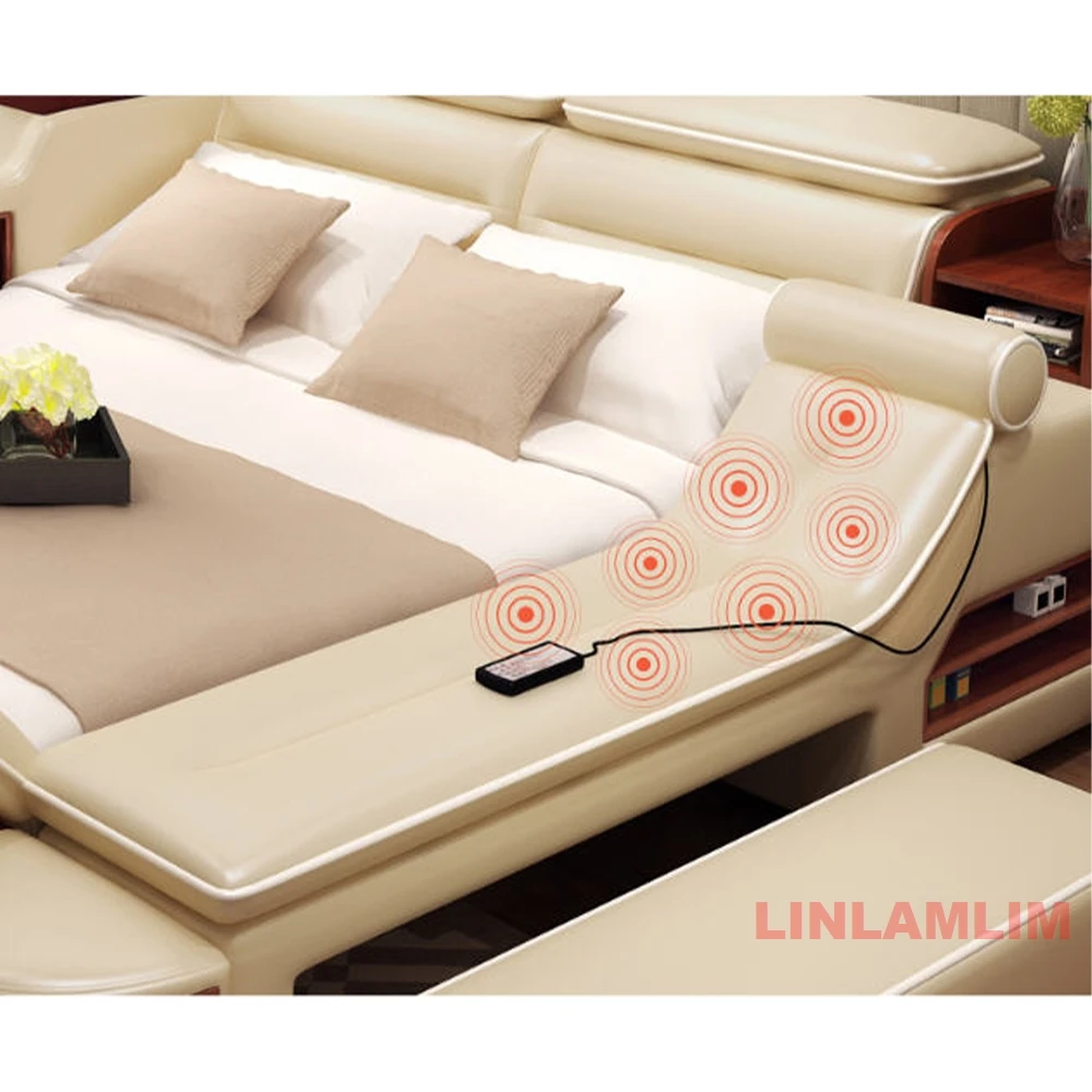 Upholstered King/Queen Size Bed, Modern Genuine Leather Platform Bed Frame with Storage, Adjustable Headboard, LED Light & USB - view 5
