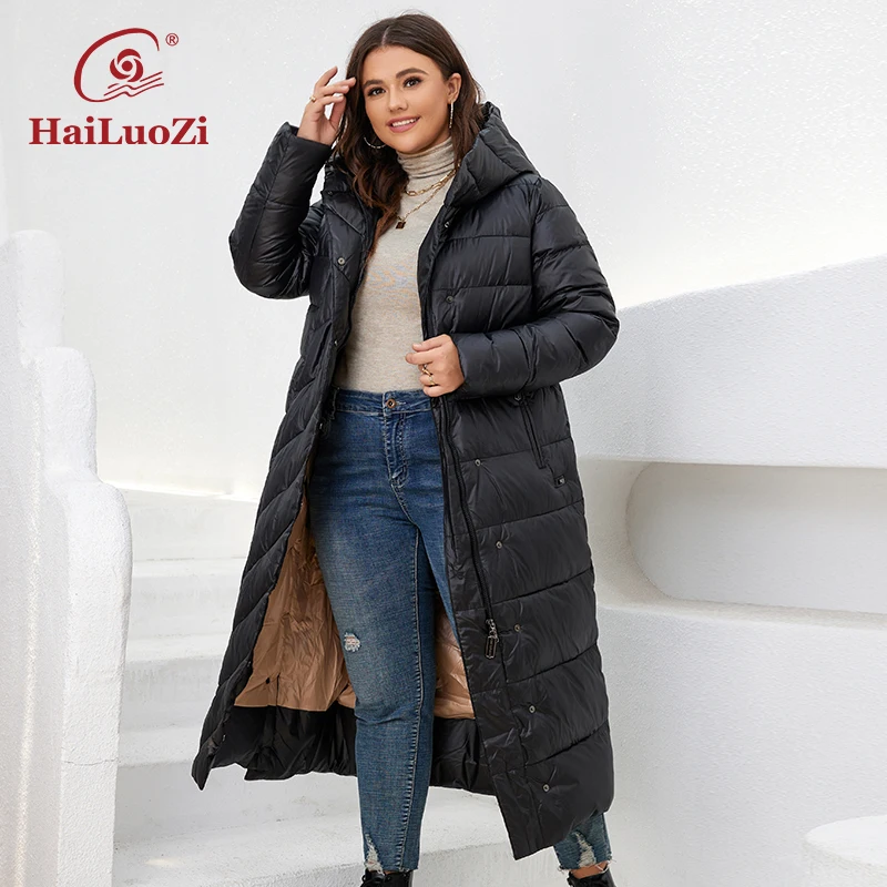 HaiLuoZi New 2022 Women\'s Coat Long Knee Length Thick Warm Belt Zipper Quilting Classic Hooded Parkas Winter Jackets Women 6037