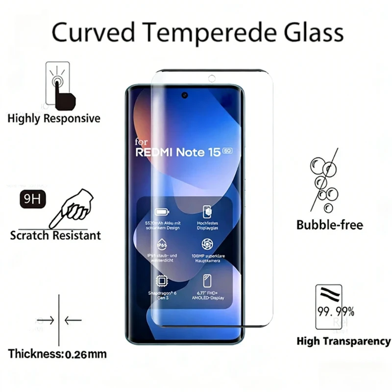 3Pcs 9H Curved Glass Cover for Xiaomi Redmi Note 15 5G 4G Screen Protector Tempered Glass Redmy Note15 15Pro+ Pro Plus Global
