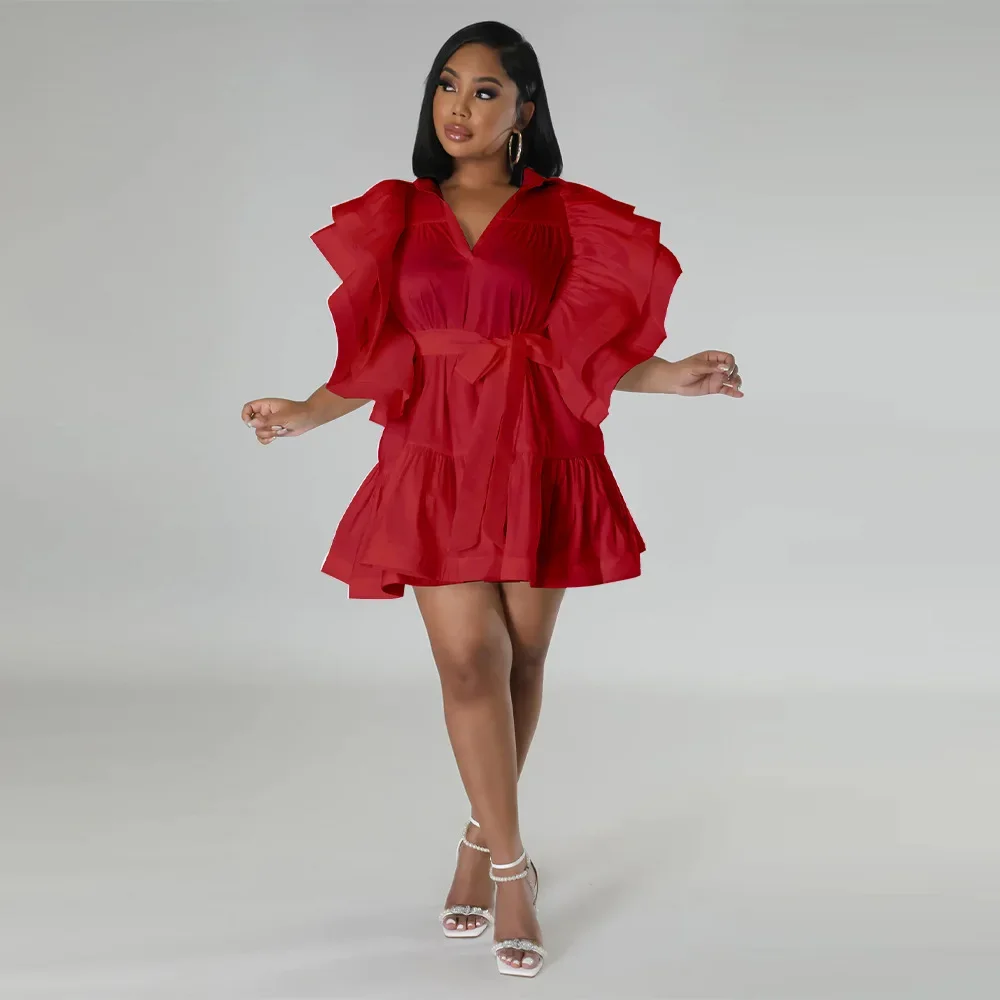 Women Ruffles Flare Clock Sleeve Turn-down Collar Front Button Smock Babydoll Big Swing Dresses 2024 INS Street Dress