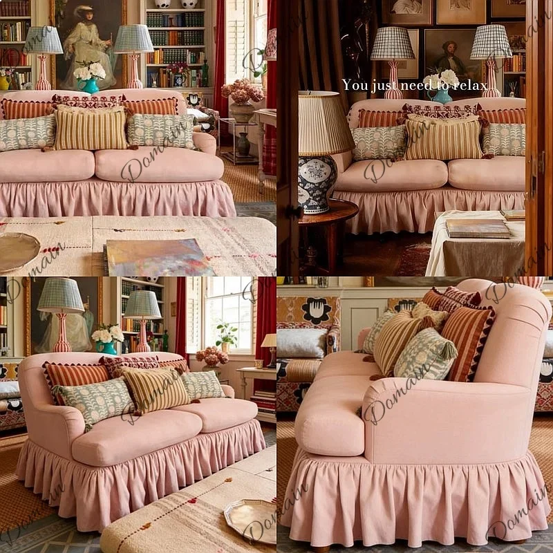 B80 French Retro Pink Velvet Fabric Sofa With Skirt Edge Straight Row Small Apartment Hotel Vintage Style