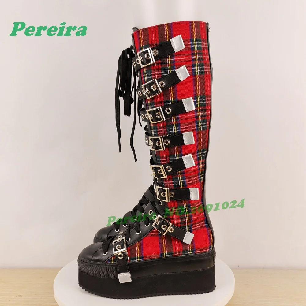 Colorblock Platform Plaid Gothic Knee High Boots Round Toe Height Increasing Multi-Buckled Women's Long Boots Lace-Up Punk Shoes