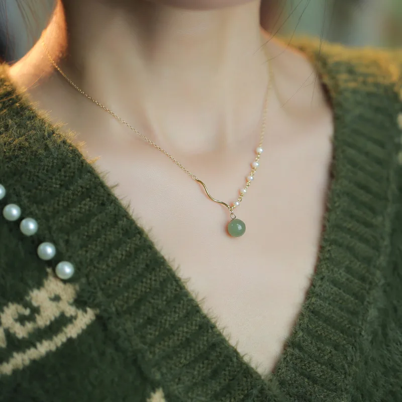 Chinese Style Sterling Silver Asymmetric Chain Hetian Jade Bead Pearl Pendant Necklace for Woman Retro Jewelry Accessories Gifts