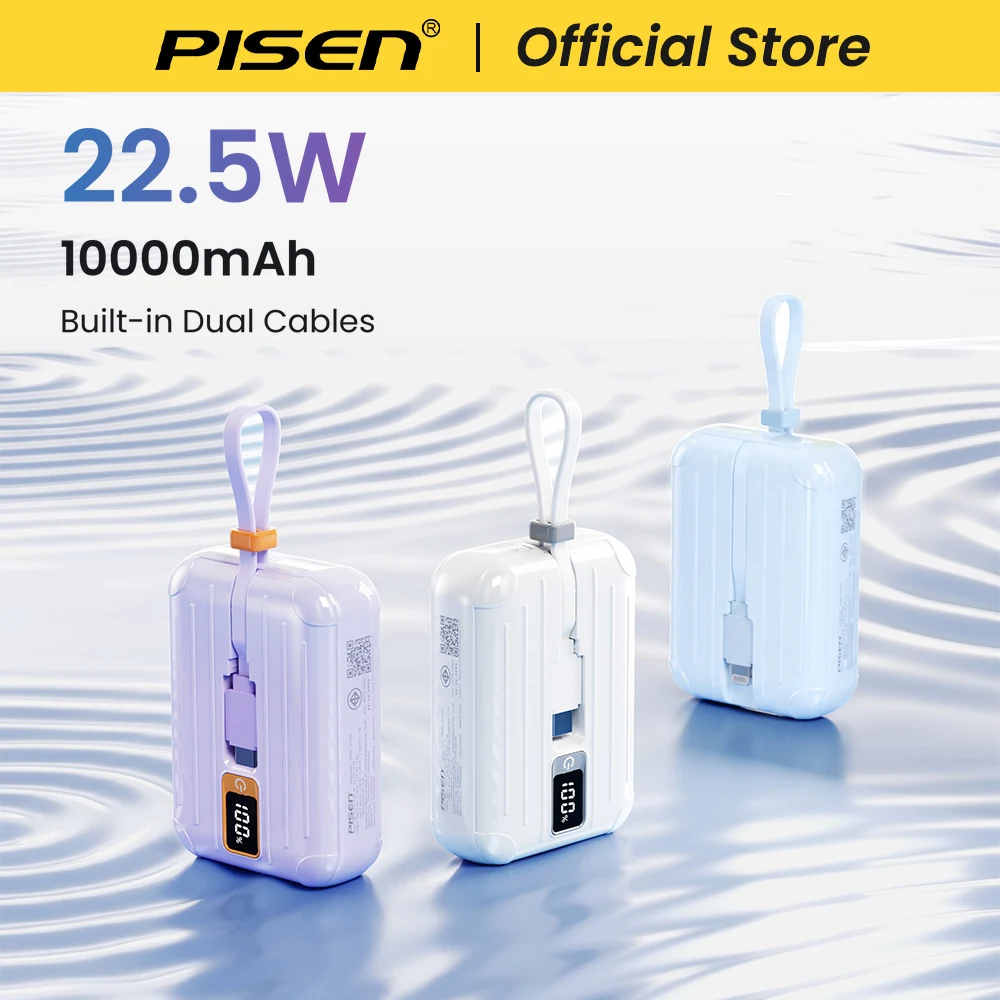 PISEN 22.5W Mini Portable 10000mAh Power Bank Built-in Dual Cables Type-C&Lightning Multi-Port Fast Charging 3 Device Simultaneous Charg With LED Display