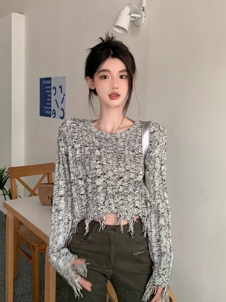 

Retro American Knitted Sweater Women's Autumn Winter ort Slim Fit Hole Design round Ne Long Sve Warm Thiened Inner Wear