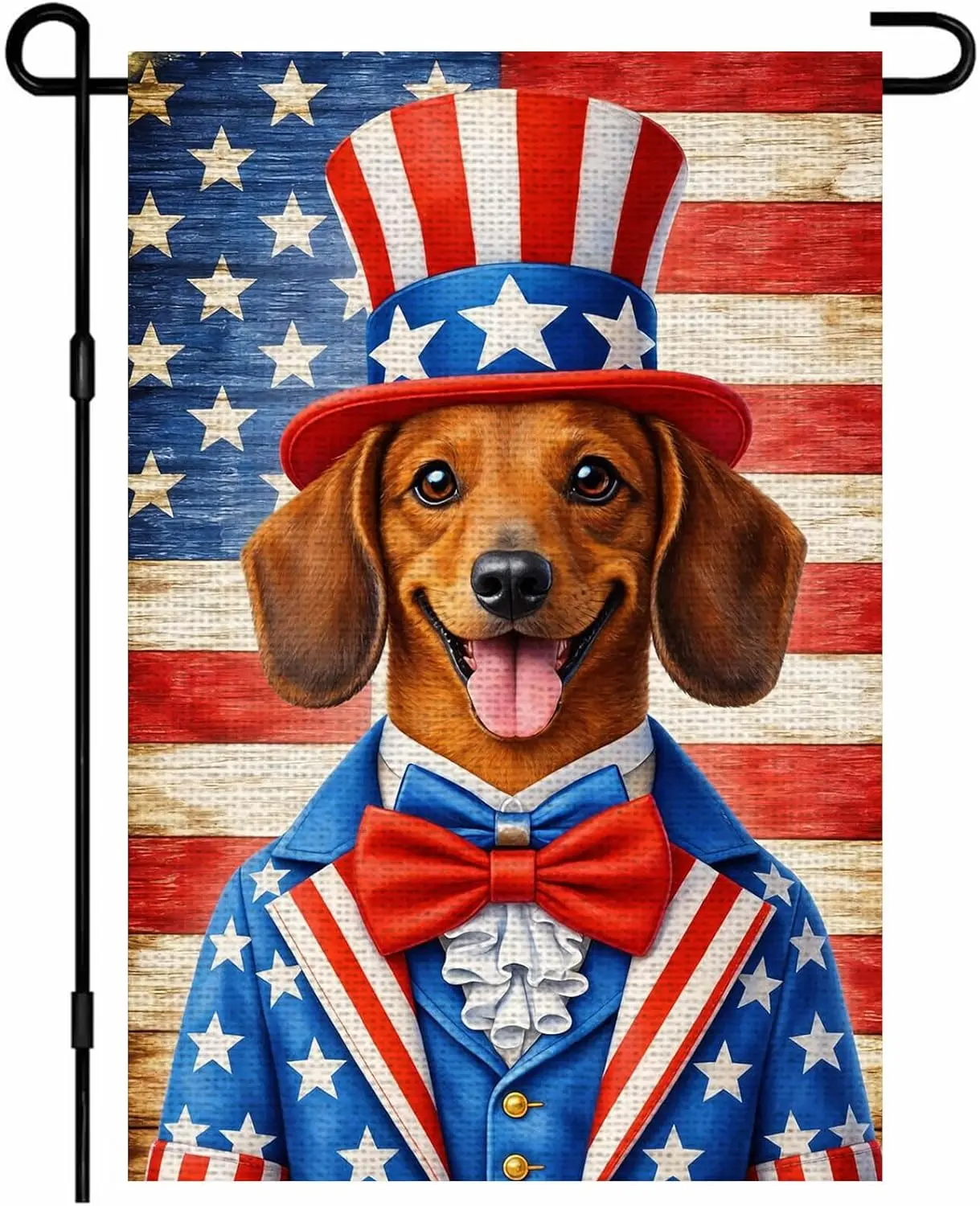 IVN Patriotic Dachshund Stars Stripes Garden Flag 12x18 Burlap Welcome American Flag Top Hat Red White Blue Bow Tie Rustic W jjp