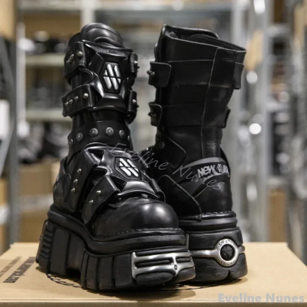 Metal Rock Thick-Soled Mid-Calf Boots Men Round Punk Motorcycle Boots Gothic Rivet Lace-Up Height Enhancing Thick Soled Boots