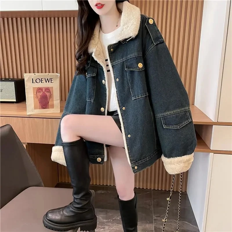 2026年秋冬新作 厚手デニムジャケット レディース オーバーコート ファッション ゆったり 長袖 デニムジャケット 女性用 アウター 暖かいパーカー