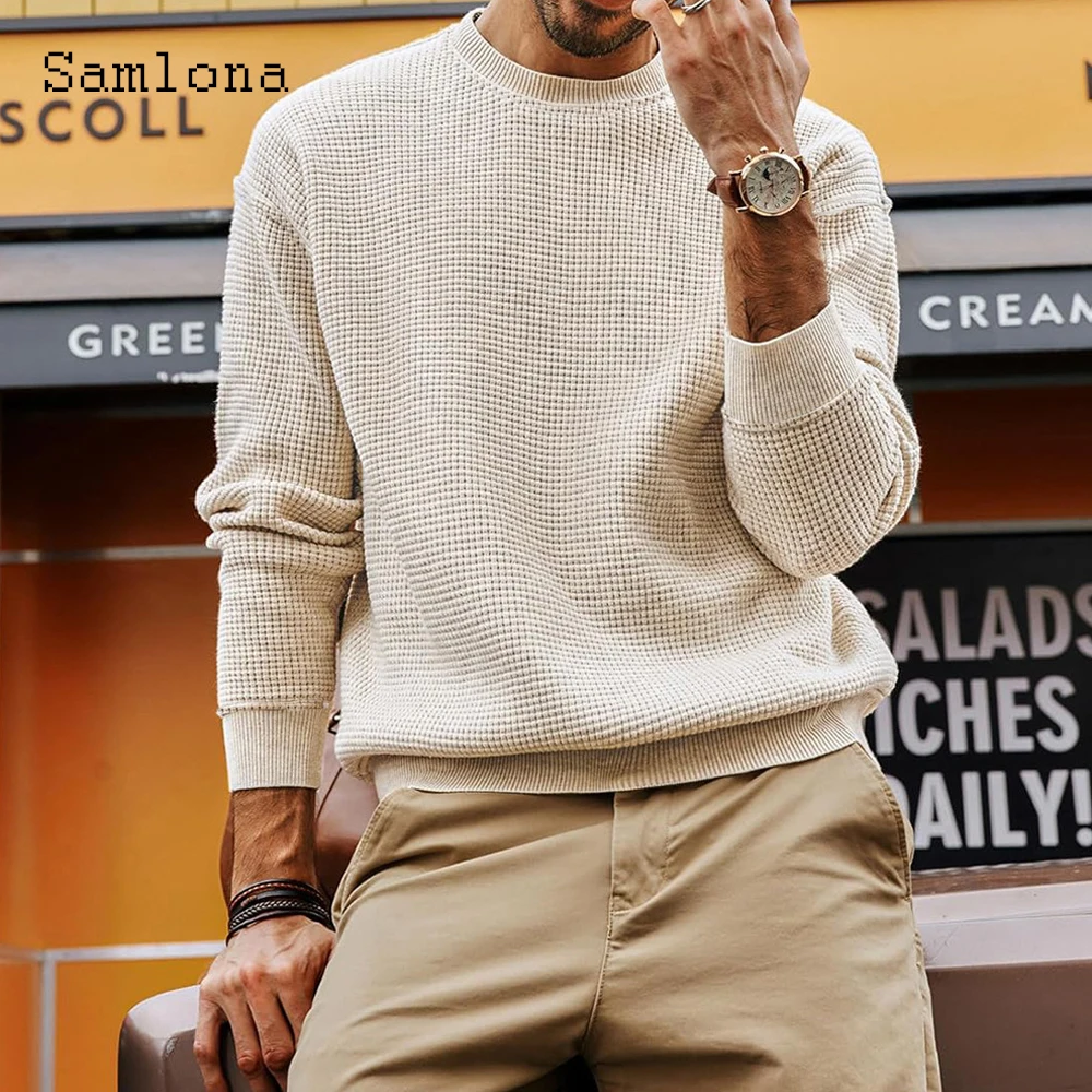 

Samlona Men Retro Knitted Sweaters Vintage Jumpers 2025 Autumn Basic Top Pullovers Mens Long Sleeve Fashion Knitting Sweater New