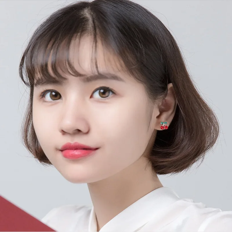 جديد S925 الفضة إبرة الكرز الفطر الفراولة التفاح زهرة الأحمر وأقراط أقراط شخصية الموضة