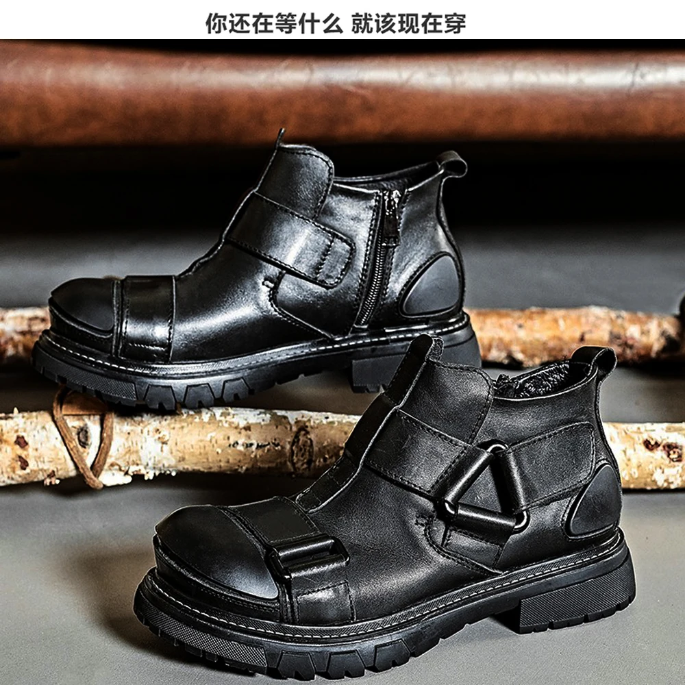 Fashion Genuine Leather Motorcycle Boots Men's Punk Ankle Boots Thick Bottom Western Cowboy Boots Round toe Work & Safety Boots