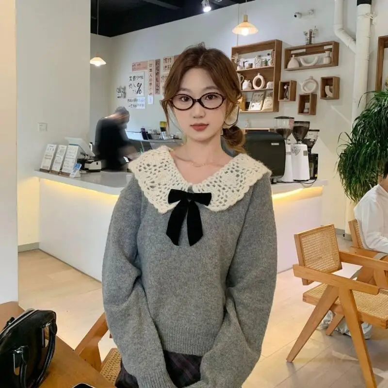 Korean Style Sweater Temperament Style Sweet Gray Lapel Bow Sweater Autumn and Winter Retro Style Student Pullover Sweater New