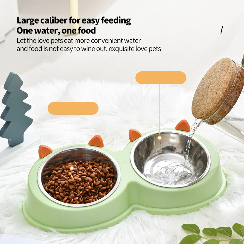 Cat Ears Stainless Steel Pet Bowl Dog Food Bowl Cat Food Bowl Dogs and Cats Eating and Drinking Double Bowl Food Utensils