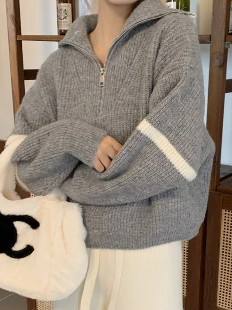 

Korean Fashion Sweater Women Gray Zipper Lapel High Neck Knitted Sweater Autumn Winter Loose Thickening College Style Sweater