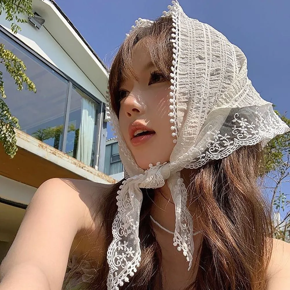 Fashion Lace Headscarf French Pastoral Style Fringe Headband Towel Triangular Sun Protection Headband Girls