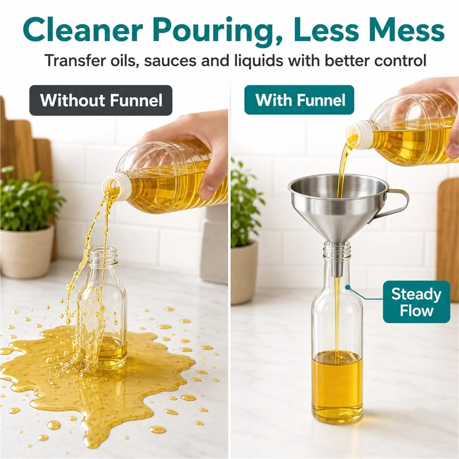 Food Grade 304 Stainless Steel Funnel Set 1/3Pcs With Handle Removable Filter Wide Mouth Reusable Kitchen Funnel