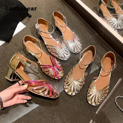 Braided Hollow Roman Sandals Women's Summer Shoes High Heels Round Toe Slingbacks Color Runway Shoes Woman Sandals for Women